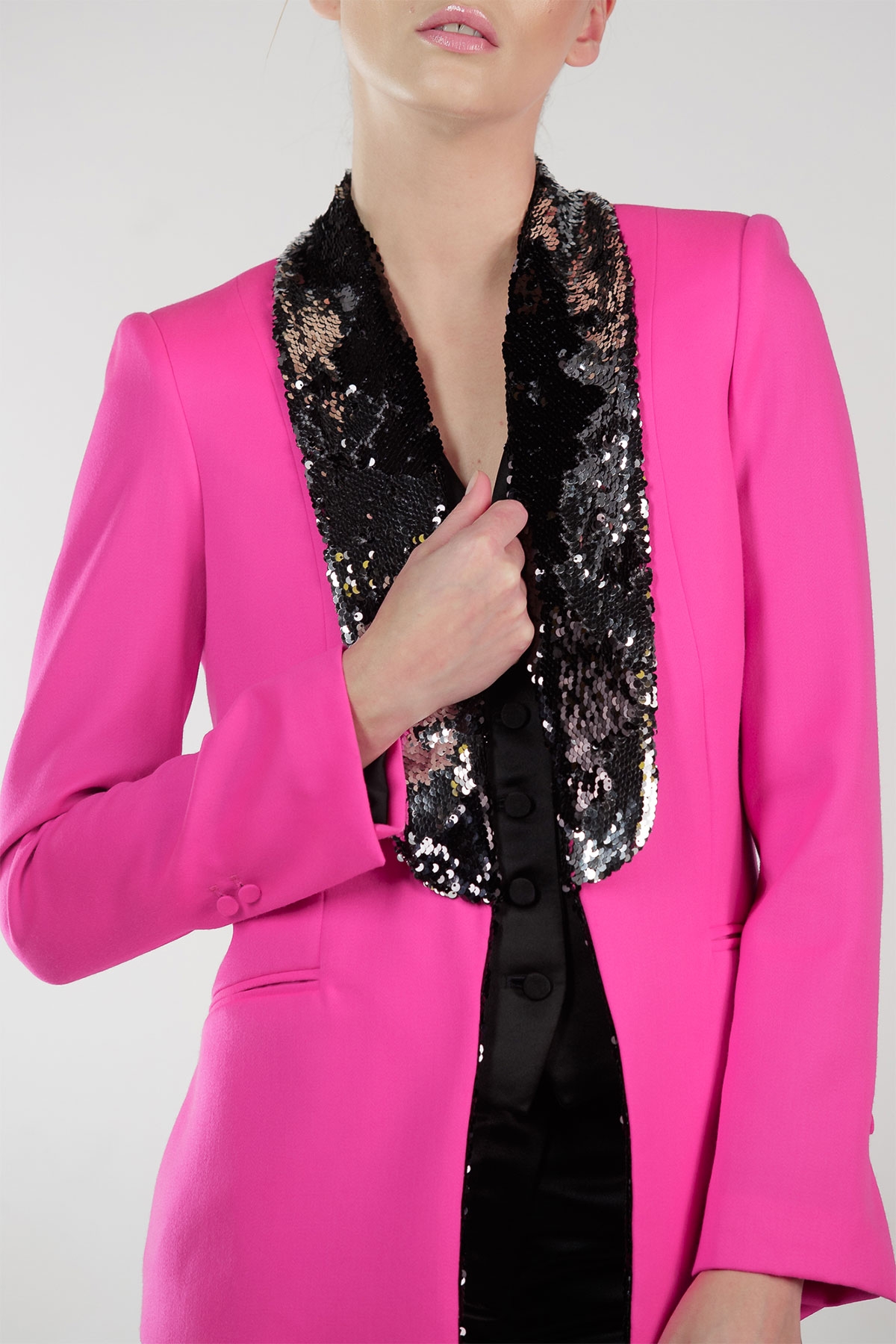 HOT PINK TUXEDO SEQUIN EMBELLISHED LAPEL STYLAND