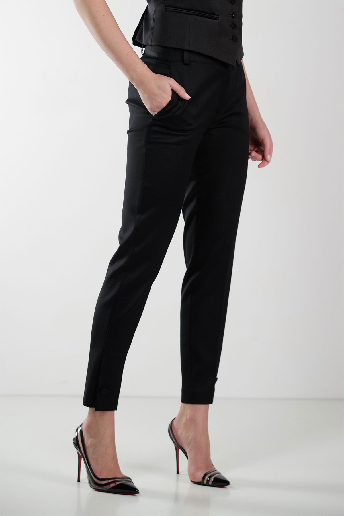 BLACK TAILORED WOOL CIGARETTE PANTS WITH BUTTON CUFF - STYLAND