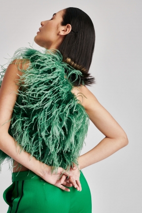 ONE SHOULDER GREEN OSTRICH FEATHER TOP