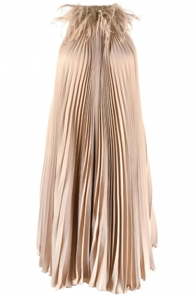 PLEATED DRESS OSTRICH FEATHER TRIM IN GOLD BEIGE