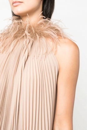 PLEATED DRESS OSTRICH FEATHER TRIM IN GOLD BEIGE