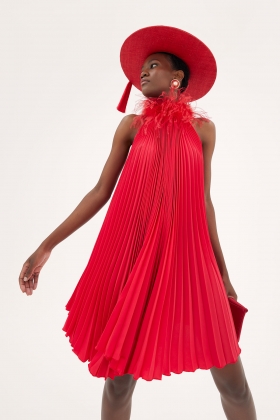 RED PLEATED DRESS OSTRICH FEATHER TRIM