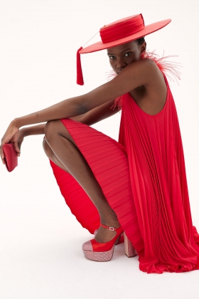 RED PLEATED DRESS OSTRICH FEATHER TRIM