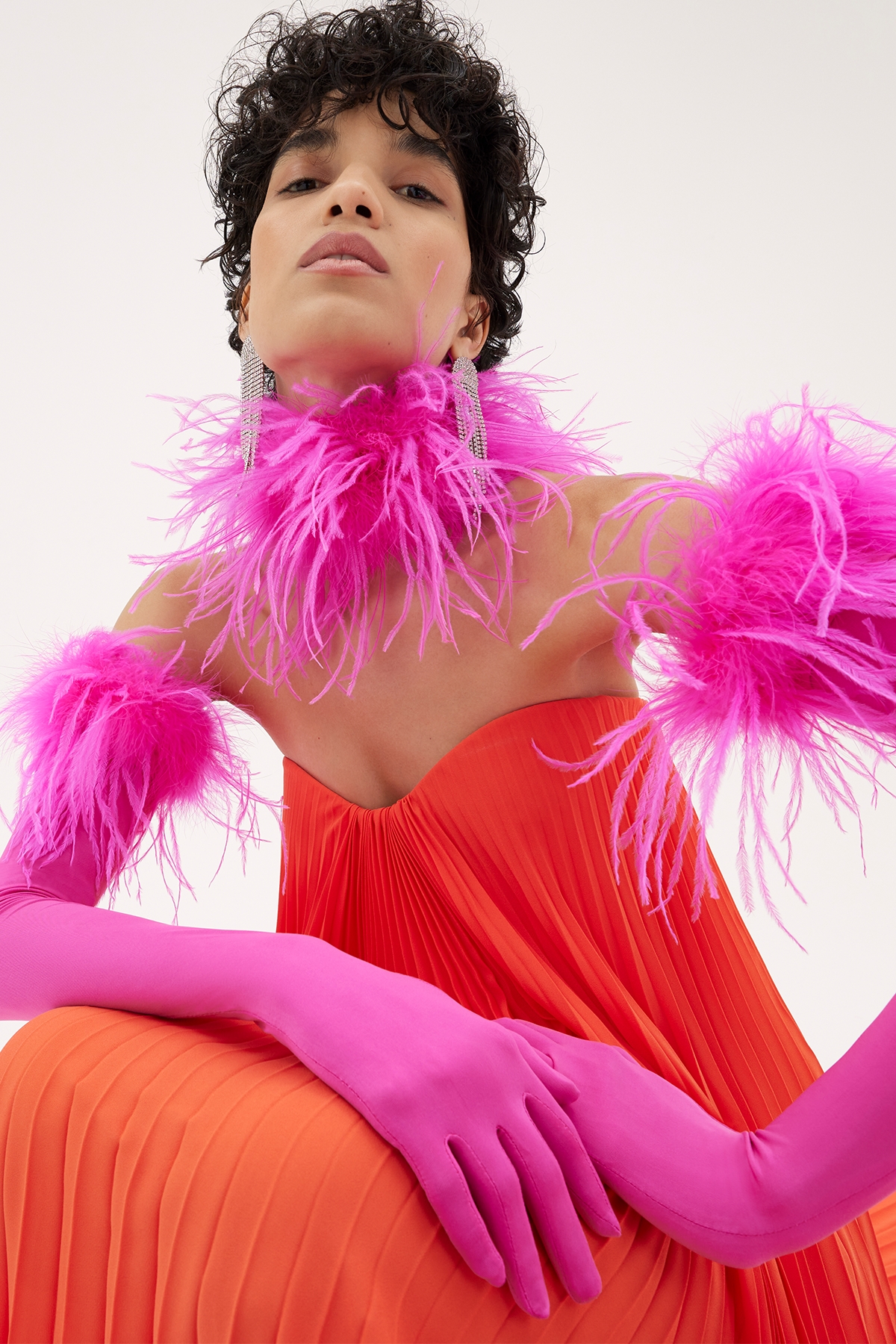 FEATHER-TRIM OPERA GLOVES HOT PINK - STYLAND